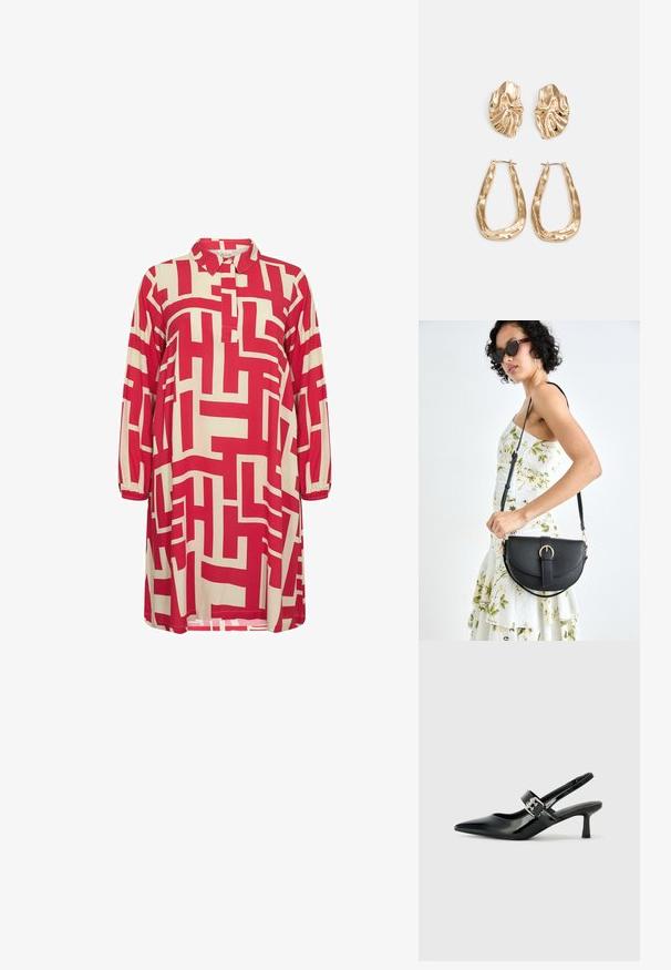 Punainen ja beige kuvioitu mekko, jossa on kauluskangas, kolmivartiset hihat ja geometrisia kuvioita koko kankaan alueella.; Musta patenttinaahkakengät, joissa on osoittava kärki ja pieni lohko korko, varustettuna hopeisella soljella hihnassa.; Musta nahkainen käsilaukku, joka on kaareva muotoilultaan, irrotettavalla hihnalla ja kultaisilla yksityiskohdilla. Laukussa on läppä, jossa on solk yksityiskohta.; Korukultainen korvakorut, joissa on teksturoituja, aaltoilevia muotoja. Mukana on veistokselliset klipsikorvakorut ja avoin rengasmalli, jossa on vasaroitu pinta.