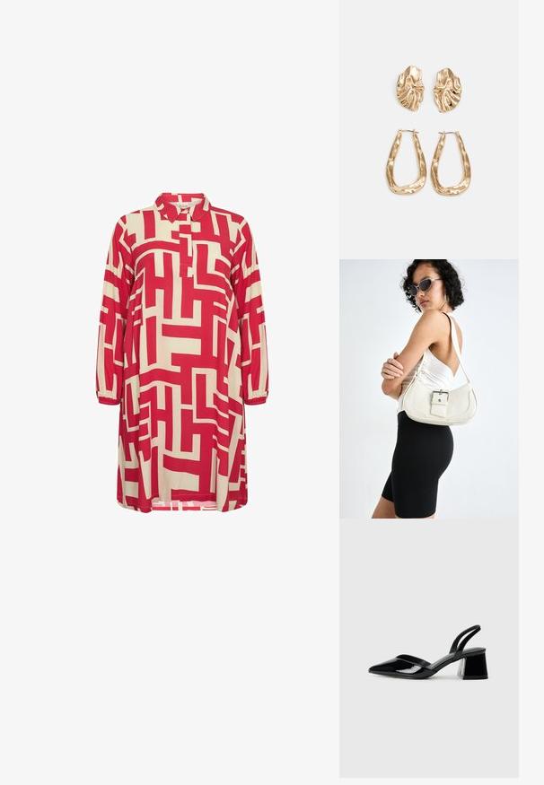 Piros és bézs mintás ruha, galléros nyakkal, háromnegyedes ujjakkal és geometrikus mintákkal az anyagon.; Fekete lakk bőr szandálkés magas sarkú cipő, hegyes orral és geometrikus tömbsarkakkal. Karcsú, minimalista dizájn és sima textúra jellemzi.; Fehér bőr kézitáska ívelt formával, állítható pánttal és egy kis csattal. A modellen fitted fekete ruha van.; Aranyszínű fülbevalók, texturált, hullámos formákkal. Tartalmazza a szobrászati klipszes studokat és az open hoop kialakítást, kalapácsos felülettel.