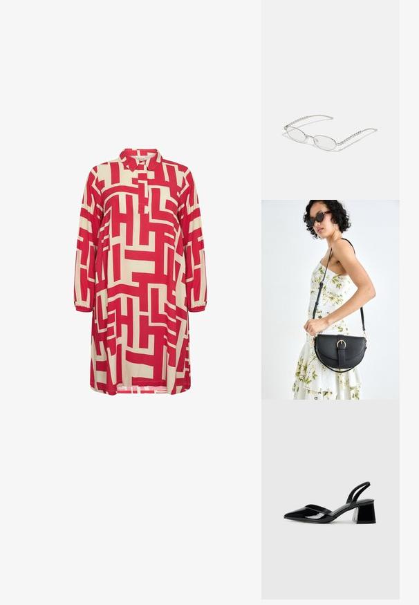 Sarkans un bēšs rakstains kleitas tērps ar apkakles izgriezumu, trīs ceturtdaļu piedurknēm un ģeometriskiem rakstiem visā audumā.; Melna lakota āda ar atvērto papēdi, ar smailu purngalu un ģeometrisku blokpapēdi. Iezīmējas elegants, minimāls dizains un gluda tekstūra.; Ovālas brilles ar metāliski sudraba rāmi, caurspīdīgām lēcām un teksturētām pērlīšu akcentiem uz tempļiem. Viegls dizains ar izliektiem kājiņām.; Melnas ādas rokassoma ar izliekta formu, noņemamu siksnu un zelta aksesuāriem. Somai ir vāciņš ar sprādzes detaļu.