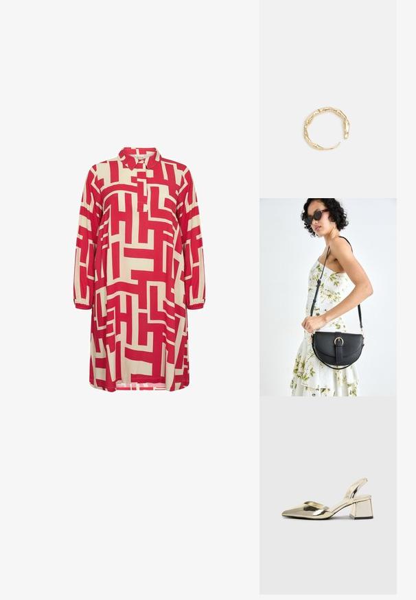 Červeno-bežové šaty so vzorom, s golierom, trojštvrťovými rukávmi a geometrickými vzormi po celej látke.; Zlaté kovové lodičky na podpätku so špicatou špičkou a robustným podpätkom. Hladký povrch, minimalistický dizajn a úzka remienok.; Čierna kožená kabelka s zaobleným tvarom, odnímateľným popruhom a zlatými doplnkami. Kabelka má klopu s detailom s prackou.; Prsteň v zlatej farbe s organickým, skrúteným dizajnom, hladkým povrchom a zužujúcimi sa koncami, vytvárajúci moderný, sochársky vzhľad.