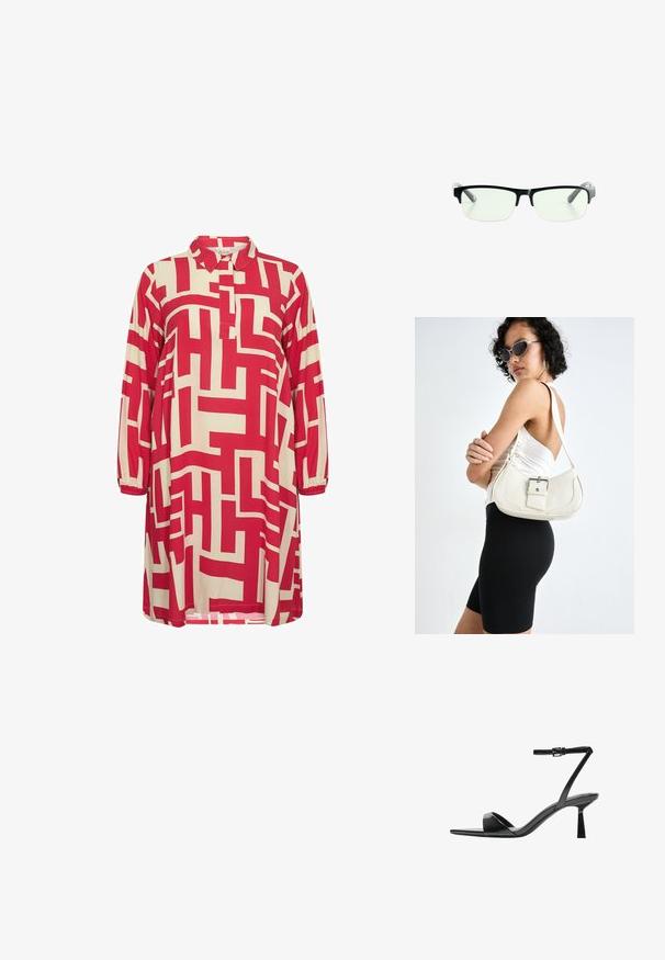 Červené a béžové šaty s vzorem, s límečkem, tříčtvrtečními rukávy a geometrickými vzory po celé látce.; Bershka Sandály na vysokém podpatku - black; Černé obdélníkové brýle s průhlednými čočkami, s elegantními černými obroučkami a šedými průhlednými koncovkami. Minimalistický design, bez viditelného brandingu.; Bílá kožená kabelka s křivkovým tvarem, nastavitelným popruhem a malým detailem přezky. Model nosí těsné černé oblečení.