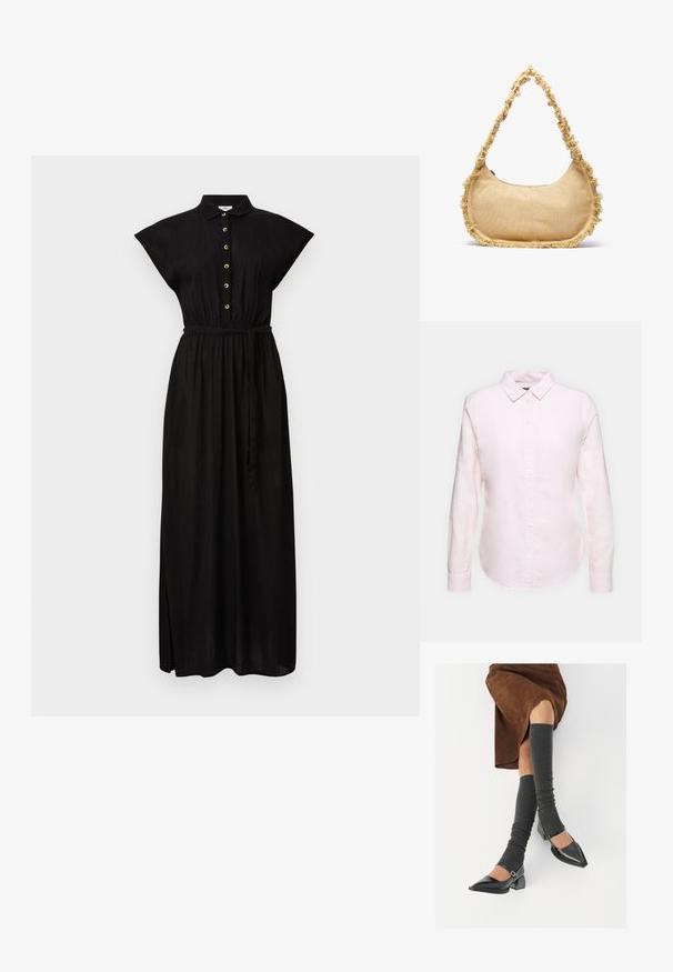 Svart maxiklänning med krage, korta ärmar, knappdetaljering framtill och midjebälte. Slätt tyg med avslappnad passform.; Ljusrosa långärmad skjorta med knappkrage, med rak nederkant och mjukt tyg, tillverkad av lätt bomullsmaterial.; Svarta lackläderskor med spetsig tå, blockklack och ankelrem, i kombination med grå ribbade benvärmare och en brun mockakjol.; Texturerad beige väska med rundad form, fransig kant längs kanterna och ett kort bärhandtag. Dragkedja upptill.