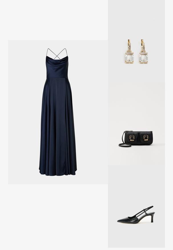 Tengerészkék selymes estélyi ruha, bővülő nyakkivágással, vékony keresztben futó pántokkal és egy lebegő, teljes hosszúságú szoknyával. Sima textúra és elegáns sziluett.; Fekete lakk slingback sarok, hegyes orral, texturált kígyómintával, állítható pánttal és rövid, texturált tömbsarkal.; Fekete bőr keresztbody táska két elülső zsebbel, arany csattokkal, cipzáras záródással és vékony pánttal. Textúrált felület és kompakt téglalap alak.; Aranyszínű fülbevalók, melyek egy téglalap alakú, tiszta kristállyal díszítették, ami egy sor kis, kerek, tiszta kiegészítő alatt lóg. Letisztult, modern dizájn.