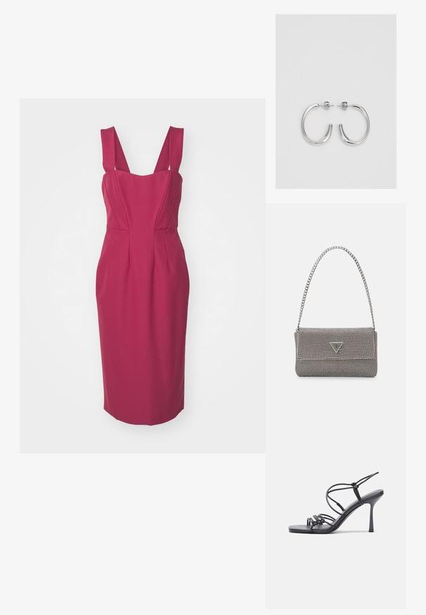 Oblikovana midi obleka v temno roza tkanini, z širokimi naramnicami, srčastim izrezom in strukturiranimi paneli za obliko.; Črne visoke sandale na peto imajo tanke naramnice z vozlom, gladek kvadratni toe in eleganten stiletto peto.; Svetlo siva kovinska torbica z verižnim ročajem, okrašena z majhnimi okroglimi kovinskimi bleščicami in trikotnim logotipom blagovne znamke.; Srebrne uhančke v obliki obroča z gladko, sijočo površino, ukrivljene oblike in zapiranjem na zatič. Minimalistična zasnova z modernim zaključkom.