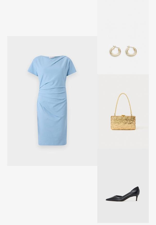 Šviesiai mėlyna suknelė iš minkštos medžiagos, su trumpomis rankovėmis, prigludusiu palaidinuku ir susirinkimo detalėmis ties liemeniu. Kelio ilgio, su lygiu apdailu.; Juodi odiniai aukštakulniai su smailiu priekeliu ir žemu kulnu. Turi lygią tekstūrą ir subtilų blizgesį. Priekyje yra atvira anga, suteikianti papildomo detalių.; Auksinė blizgučių rankinė, stačiakampio formos, su susuktos grandinėlės rankena ir metaliniu užsegimu, atspindinti šviesą su tekstūruotu paviršiumi.; Lauren Ralph Lauren BASIC SMALL HOOP - Auskarai - gold-coloured