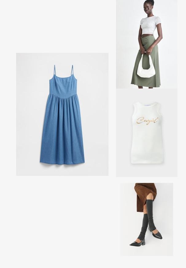 Ujjatlan kék farmer midi ruha, fitted bodiccel, vékony vállpántokkal és ráncolt derékkal.; Fehér ujjatlan bordázott top arany fémes felirattal, amelyen az áll "Cowgirl" a mellrészen, egyszerű háttér előtt.; Fekete lakk bőrből készült, hegyes orrú cipők, tömbsarkúakkal és bokapánttal, szürke bordás lábszármelegítőkkel és barna velúr szoknyával párosítva.; Szürke bordázott cropped top és olajzöld, magas derékú szoknya. A modellen egy fehér válltáska van, amely kivágott részletekkel rendelkezik. Egyszerű dizájn, testhezálló sziluett.