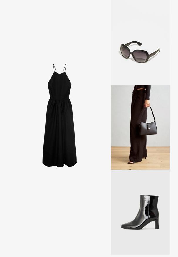 Sort, ærmeløs kjole med høj hals, tætsiddende overdel og draperet nederdel. Lavet af glat stof med tynde skulderstropper.; Sort lakeret ankelstøvle med spids tå og en midt-højde blokhæl. Glat tekstur og minimalistisk design.; Sorte solbriller med oversized, runde stel. Lenses, der gradiere fra mørk til lys. Har en slank, blank finish og diskrete logo accenter på stænger.; Sort håndtaske med struktureret form, glat overflade og metalspænde. Sammen med brede sorte bukser og sandaler med åben tå på trægulv.