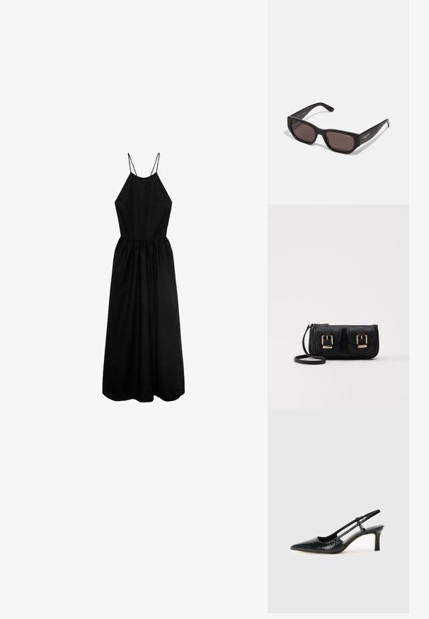 Czarna sukienka bez rękawów z wysokim dekoltem, dopasowanym gorsetem i marszczonym dołem. Wykonana z gładkiego materiału, z cienkimi ramiączkami.; Czarne lakierowane czółenka na obcasie typu slingback z wąskim noskiem, z teksturowanym wzorem wężowym, regulowanym paskiem oraz krótkim, teksturowanym obcasem w kształcie słupka.; Czarne prostokątne okulary przeciwsłoneczne z ciemnymi soczewkami. Posiadają gładki plastikowy szkielet i detal z logo na zauszniku. Czysty, nowoczesny design.; Czarna skórzana torba na ramię z dwoma przednimi kieszeniami, złotymi klamrami, zamkiem błyskawicznym i cienkim paskiem. Teksturowana powierzchnia i kompaktowy prostokątny kształt.