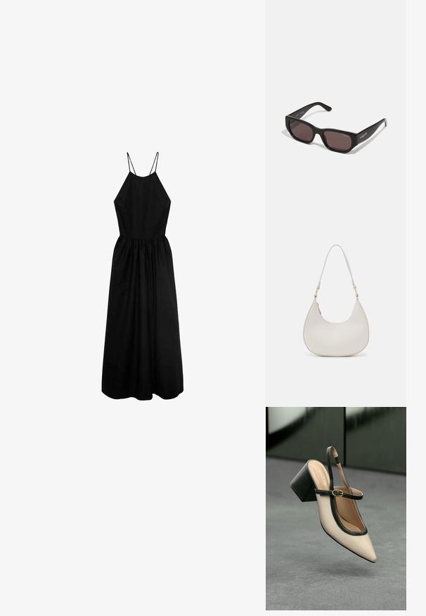 Čierna bezrukávová šaty s vysokým výstrihom, priliehavým telom a nariasenou sukňou. Vyrobené z hladkej tkaniny, s tenkými ramienkami.; Béžová lodička so špicatou špičkou, s čiernym lemom, zlatou prackou a robustným blokovým podpätkom na šedom podlahe s tmavozeleným pozadím.; Čierne obdĺžnikové slnečné okuliare s tmavými sklami. Majú hladký plastový rám a detail loga na bočnej časti. Čistý, moderný dizajn.; Krémová kožená taška na rameno v polkruhovom tvare, so tenkým popruhom a subtílnym prešívaním. Minimalistický dizajn s akcentmi z pozlátenej ocele.