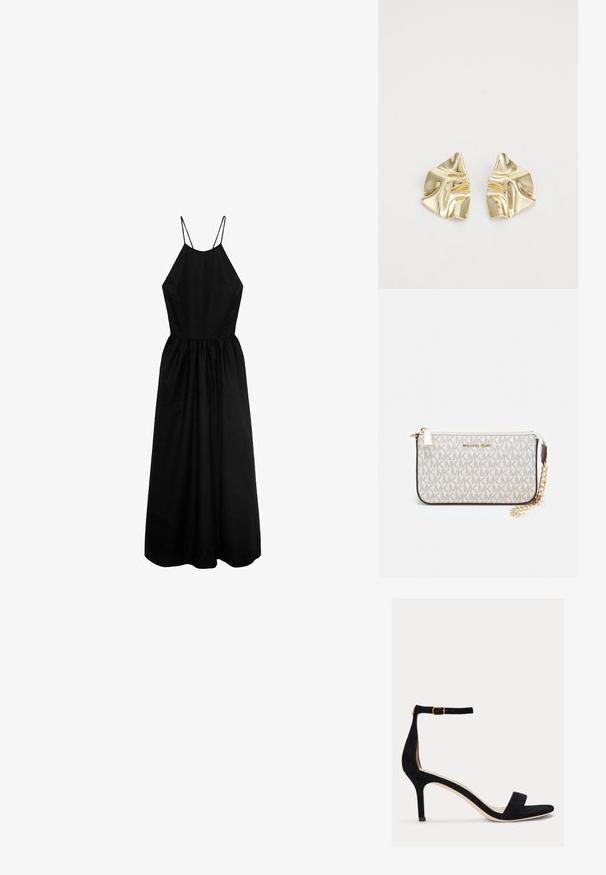 Abito nero senza maniche con collo alto, corpetto aderente e gonna arricciata. Realizzato in tessuto liscio, presenta spalline sottili.; Lauren Ralph Lauren ALLIE MID HEEL SUEDE SANDAL - Sandali - black; Wristlet Michael Kors in tela rivestita beige con motivo a logo MK ripetuto, hardware dorato e tracolla a catena staccabile.; Orecchini metallici dorati con un design ondulato; superficie liscia e riflettente; forma asimmetrica; nessun motivo o hardware visibile.