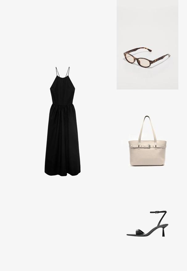 Sort, ærmeløs kjole med høj hals, tætsiddende overdel og draperet nederdel. Lavet af glat stof med tynde skulderstropper.; Bershka Højhælede sandaletter / Højhælede sandaler - black; Skildpaddevmønster solbriller med rund form og lys linse. Har solide arme med små guld accenter, lavet af plastmateriale.; Beige læder tote taske med to lange håndtag, en glat overflade, en struktureret form og en spændeaccent på forsiden.