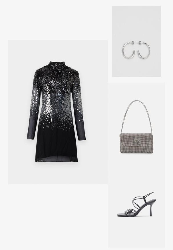 Fekete, hosszú ujjú ruha magas nyakkal, az alján kör alakú ezüst pillekék fokozatosan áttűnnek egy egyszínű fekete szegélybe.; Fekete magas sarkú szandálok vékony pántokkal, csomózott mintával, sima négyzetes orral és karcsú stiletto sarkal rendelkeznek.; Világosszürke fémes kézitáska lánc pánttal, kis kör alakú fém kifinomult díszítéssel és háromszög alakú márkagéppel.; Ezüst karika fülbevalók sima, fényes felülettel. Lekerekített forma, könnyű kialakítással, tűs zárómechanizmussal.