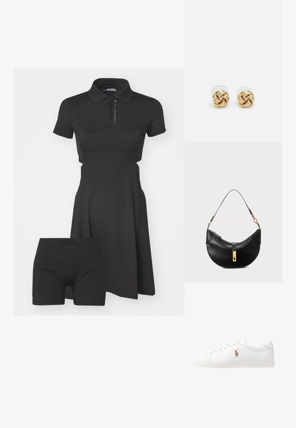 J.LINDEBERG Sports TATIANA DRESS - Sporta kleita - black; Baltas ādas sporta apavi, zema dizaina, ar gludu tekstūru, noapaļotu purngalu, ar auklēm priekšpusē un nelielu izšūtu logotipu sānos.; Melnas ādas rokas soma pusmēness formas. Iezīmē zelta metāla akcentus un šauru siksniņu. Gluda tekstūra, rāvējslēdzēja aizdare augšpusē.; Zeltītu mezgla auskari ar vērptu dizainu. Katrs auskaru pāris ir aprīkots ar apaļu caurspīdīgu atbalstu drošai nēsāšanai.