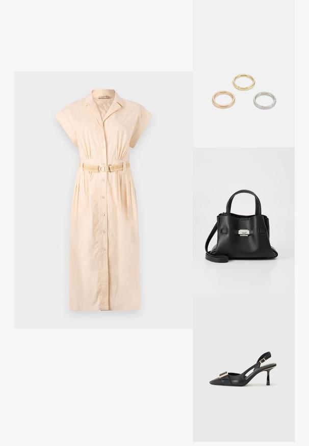 Rochie cămașă de nuanță piersică deschisă, confecționată din bumbac, cu guler, mâneci scurte, închidere cu butoane pe față și o curea împletită în talie.; Pantof cu toc slingback din piele neagră, cu vârful ascuțit, toc subțire și accente de hardware în ton de aur pe partea superioară. Textură netedă și design structurat.; Geantă de mână din piele neagră cu o finisare texturată, având două mânere superioare, o curea de umăr detașabilă și un detaliu cu închidere din argint.; Trei inele din metal: unul roz aurie, unul auriu cu accente texturate și unul argintiu, toate cu branding gravat pe banda interioară.