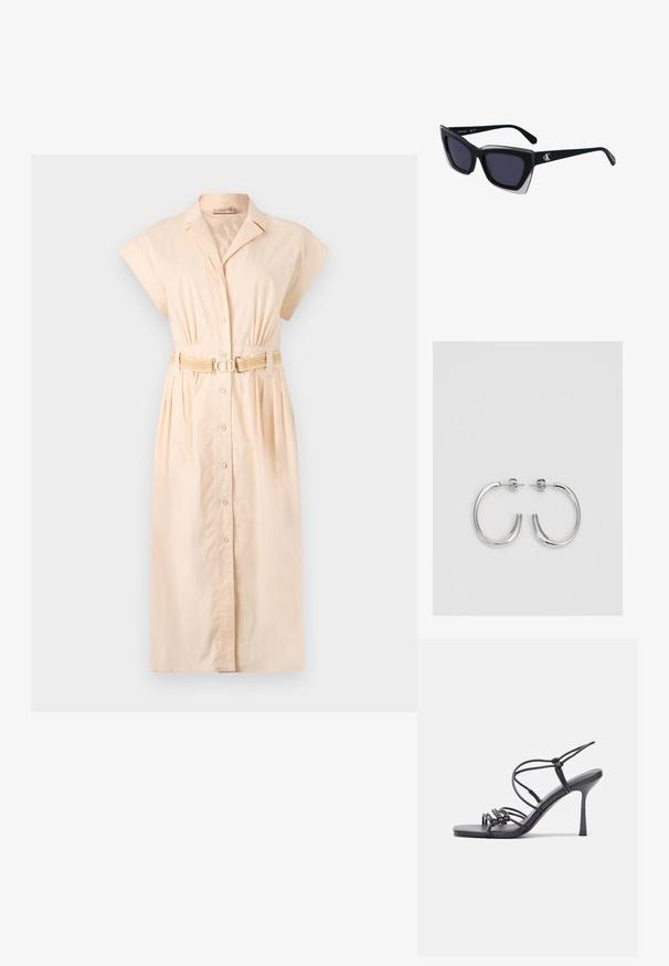 Gaiši persiku krāsas kokvilnas krekla kleita ar apkakli, īsām piedurknēm, priekšējo pogu aizdari un izbrāķētu jostu jostasvietā.; Melnas augstpapēžu sandales ar plāniem siksniņām un mezgla dizainu, gluda kvadrātveida purngalu un elegantu stiletto papēdi.; Melni pārmēru saulesbrilles ar ģeometrisku formu, kas aprīkotas ar tumšiem stikliem un kontrastējošu pelēku akcentu uz rāmja. Logo uz kājas.; Sudraba stīpas auskari ar gludu, spīdīgu virsmu, izceļas ar izliektaveida formu un aizdari ar tapu. Minimālistisks dizains ar mūsdienīgu apdari.