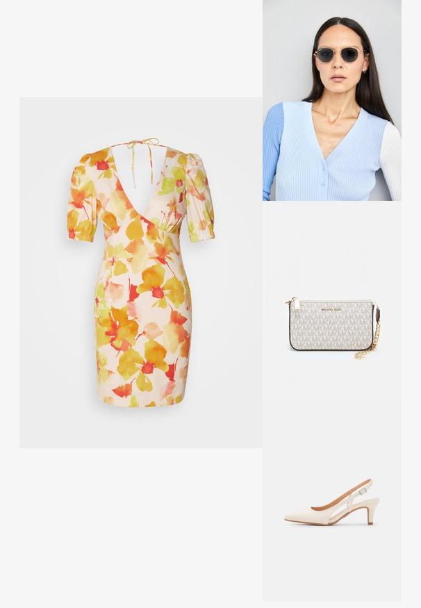 Robe courte à fleurs en rose, avec des manches bouffantes, un décolleté en V profond, et des motifs de fleurs aux teintes aquarelle jaune, orange et rouge.; Talons aiguilles blanches à bride arrière avec un bout pointu, un dessus lisse, un petit talon carré et un design avec découpes latérales et sangle réglable.; Lunettes de soleil rondes avec verres sombres et monture en or. Le modèle porte un cardigan à côtes bleu clair avec des boutons et des manches blanches contrastantes.; Porte-monnaie Michael Kors en toile enduite beige avec un motif répété de logo MK, des accessoires en or et une bandoulière en chaîne amovible.