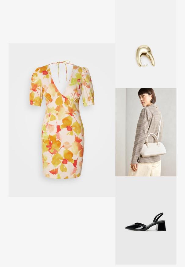 Robe courte à fleurs en rose, avec des manches bouffantes, un décolleté en V profond, et des motifs de fleurs aux teintes aquarelle jaune, orange et rouge.; Escarpins en cuir verni noir avec bout pointu et talon bloc géométrique. Présente un design élégant et minimaliste ainsi qu'une texture lisse.; Sac à main structuré blanc avec de courtes poignées et une bandoulière, doté de accents en métal doré et d'un matériau texturé, présenté sur un fond gris.; Boucle d'oreille en métal doré avec un design élégant et courbé. Présente une forme conique distinctive, une surface polie et une fermeture à charnière.