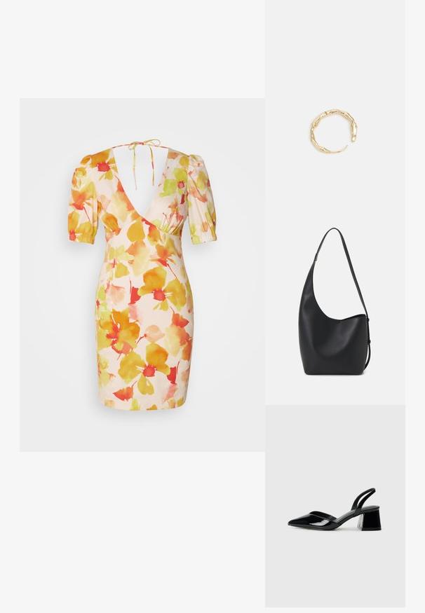 Lühike lilleline kleit roosas, millel on puhvis varrukad, sügav V-avamine ning akvarellistiilis kollase, oranži ja punase lillemustriga.; Mustad musta lakknahk kingad, millel on terav varvas ja geomeetriline plokkkonts. Omab elegantselt minimalistlikku disaini ja sujuvat tekstuuri.; Mustast nahast hobo kott, millel on sile tekstuur, kumer kuju ja üks reguleeritav rihm; peal on lai avaus.; Kuldtoonis sõrmus, millel on orgaaniline, keerdunud disain sileda tekstuuri ja kitsenevate otstega, luues kaasaegse skulptuurilise välimuse.