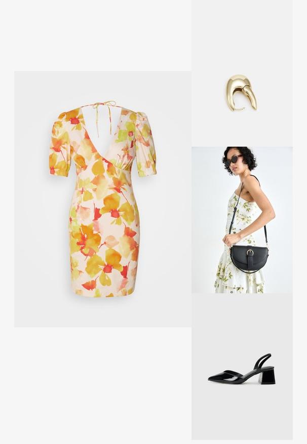 Short floral dress in pink, featuring puff sleeves, a deep V-neckline, and watercolor-style yellow, orange, and red flower patterns.; Black patent leather slingback heels with a pointed toe and a geometric block heel. Features a sleek, minimal design and smooth texture.; Black leather handbag with a curved shape, detachable strap, and gold hardware. The bag features a flap with a buckle detail.; Gold-tone metal earring with a sleek, curved design. Features a distinctive pointed shape, polished surface, and hinge closure.