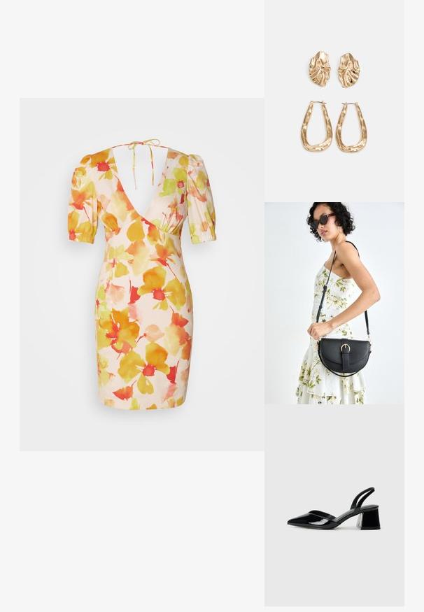 Lühike lilleline kleit roosas, millel on puhvis varrukad, sügav V-avamine ning akvarellistiilis kollase, oranži ja punase lillemustriga.; Mustad musta lakknahk kingad, millel on terav varvas ja geomeetriline plokkkonts. Omab elegantselt minimalistlikku disaini ja sujuvat tekstuuri.; Mustmust mustraha kõverate joontega, eemaldatava rihmaga ja kuldsete detailidega. Kotil on klapp, millel on pandladetail.; Kuldse värvi kõrvarõngad, mis on kaunistatud tekstuursete ja laineliste kujunditega. Komplektis on skulpturaalsed klamber kõrvarõngad ja avatud rõngasdisain, millel on lõhestatud viimistlus.