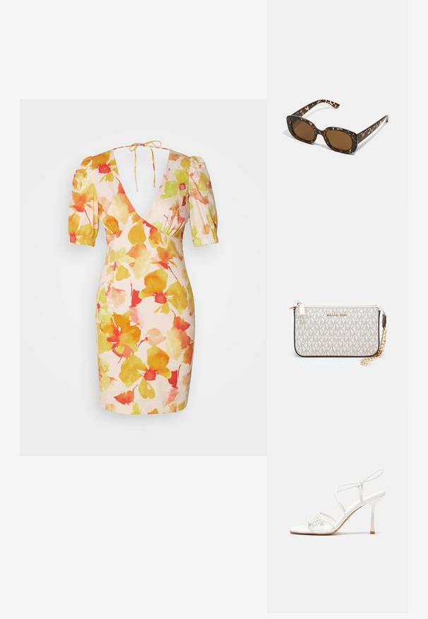 Short floral dress in pink, featuring puff sleeves, a deep V-neckline, and watercolor-style yellow, orange, and red flower patterns.; White strappy high-heeled sandal with a flat toe base, textured front with gathered accents, and a slim ankle strap.; Tortoiseshell sunglasses with a rounded, chunky frame and brown lenses. Features subtle patterns and straight, tapered arms.; Michael Kors wristlet in beige coated canvas featuring a repeating MK logo pattern, gold hardware, and a detachable chain strap.