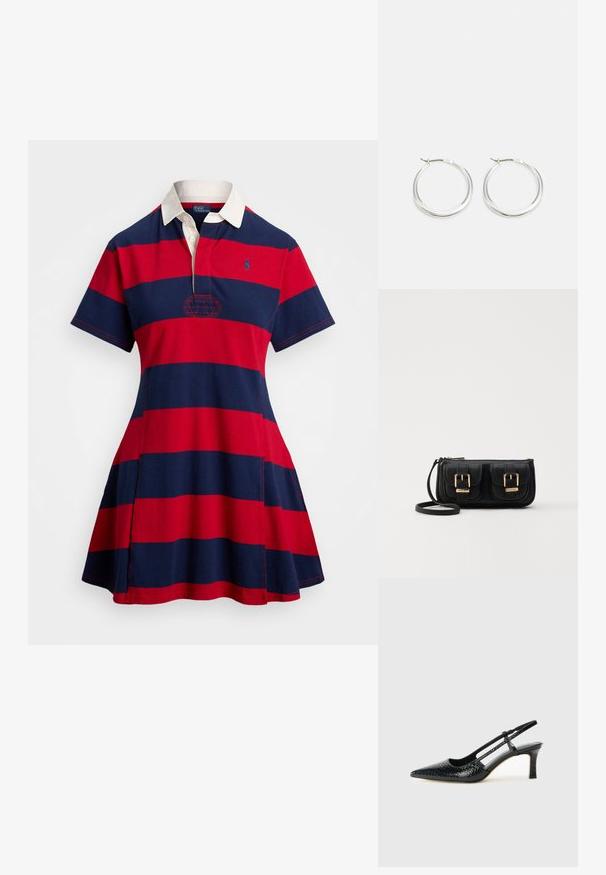 Rød og marineblå stripete polo kjole med hvit krage, korte ermer og brodert logo. Laget av bomullsstoff med en utsvingt skjørt.; Sorte patent slingback hæl med spids tå, featuring tekstureret slangeskind, justerbar rem og en kort, tekstureret blokhæl.; Svart skinn crossbody veske med to frontlommer, gyldne spenner, glidelåslukking og en slank stropp. Teksturert overflate og kompakt rektangulær form.; Sølv hoop øredobber har et jevnt, avrundet design med en tynn profil og sikker lås. Minimalistisk stil med en polert finish.