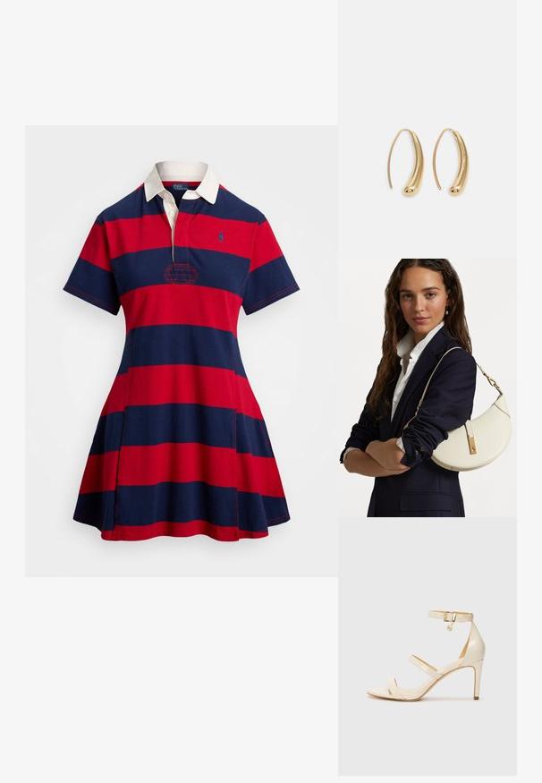 Punane ja meresinine triibuline polo kleit valge kraega, lühikeste varrukatega ja brodeeritud logoga. Valmistatud puuvillast kangast, millel on laienev seelik.; Bežid kõrge kontsaga sandaalid koos õhukese pahkluu rihmaga ja kahe ülemise rihmaga. Läikiv lakkviimistlus ja kuldne detail pahkluurihmadel.; Valge nahast käekott kumerate kujunditega, kuldsete detailide ja tekstuuriga viimistlusega, kanda tumesinise bleiseri ja valge särgiga.; Kuldtoonilised metallist rõngas kõrvarõngad, millel on kõver ja piklik kuju. Omavad siledat, läikivat pinda ja ümarat tipptugevdust, mis lisab detaili.