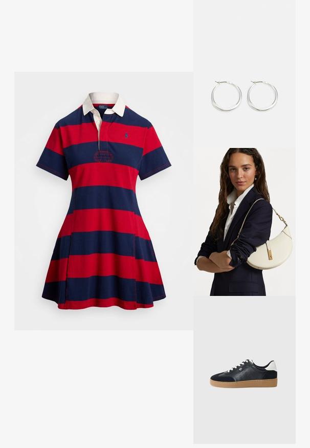 Sarkans un tumši zils svītrots polo kleita ar baltu apkakli, īsām piedurknēm un izšūtu logotipu. Izgatavota no kokvilnas auduma ar izplestu svārku.; Melnas ādas un zamša kedas ar gaiši brūnu gumijas zoli. Iekļautas baltas šņorītes un mazi perforācijas sānos. Redzams Michael Kors logo.; Balta ādas rokassoma ar izliekumu formu, zelta furnitūru un teksturētu apdari, valkāta pāri tumšam žaketam un baltai krekla.; Sudraba riņķa auskariem ir gluda, noapaļota forma ar plānu profilu un drošu aizdari. Minimālistisks stils ar izpolētu apdari.