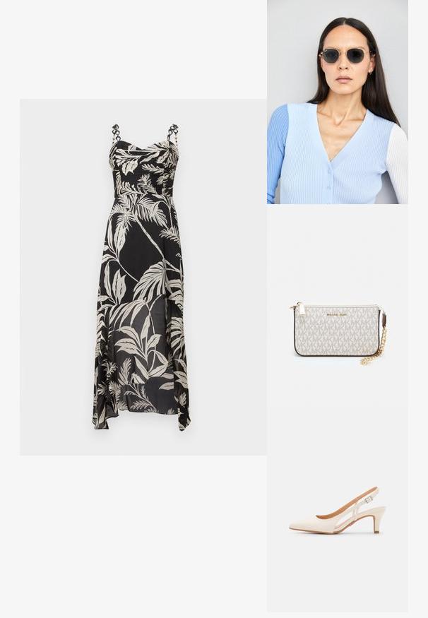 Svart maxikjole med hvit palmeblader mønster, rynket byste og justerbare stropper med dekorativt hardware. Lett, flytende stoff.; Hvit slingback-hel med spiss tå, glatt overmateriale, lav blokkhelt, og cut-out-design på siden med justerbar spenne.; Runde solbriller med mørke linser og guldrammer. Modellen har en lyseblå, ribbet cardigan med knapper og kontrast hvide ærmer på.; Michael Kors håndleddsveske i beige belagt kanvas med et gjentakende MK-logo mønster, gullfarget maskinvare og en avtakbar kjede-rem.