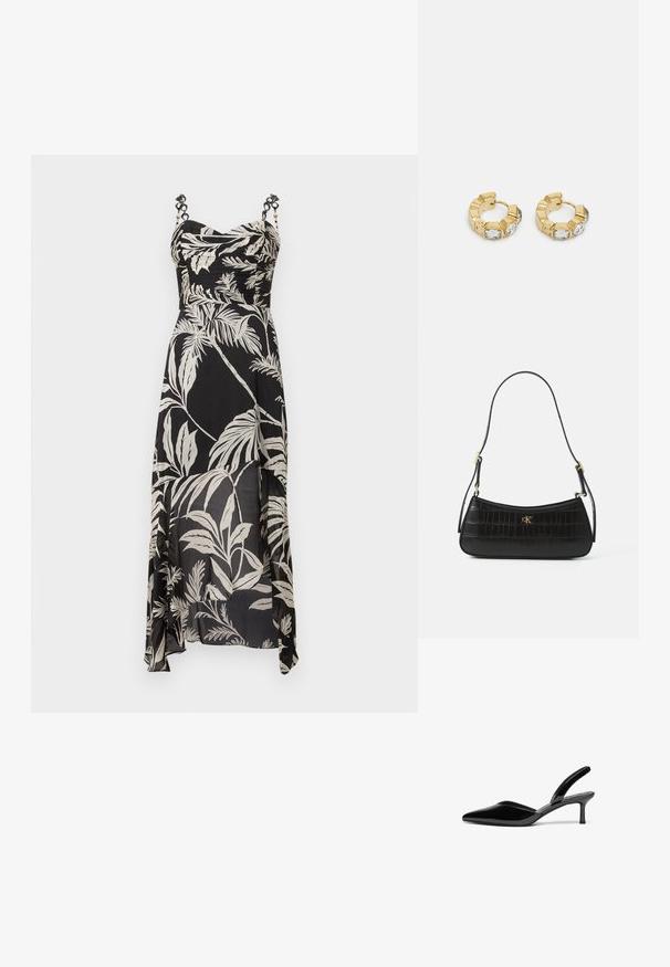 Vestido maxi preto com padrão de folhas de palmeira brancas, corpete franzido e alças ajustáveis com detalhes decorativos. Tecido leve e fluido.; Sapatilhas de salto slingback em couro sintético preto com bico fino, salto stiletto baixo e um design elegante e simples, sem embellishments.; Bolsa de mão em pele negra com textura de crocodilo, forma esguia e detalhes em dourado. Apresenta uma única alça de ombro e detalhe de logotipo em relevo.; Brincos de argola dourados com um design texturizado e três cristais transparentes em um lado, oferecendo uma estética geométrica moderna.