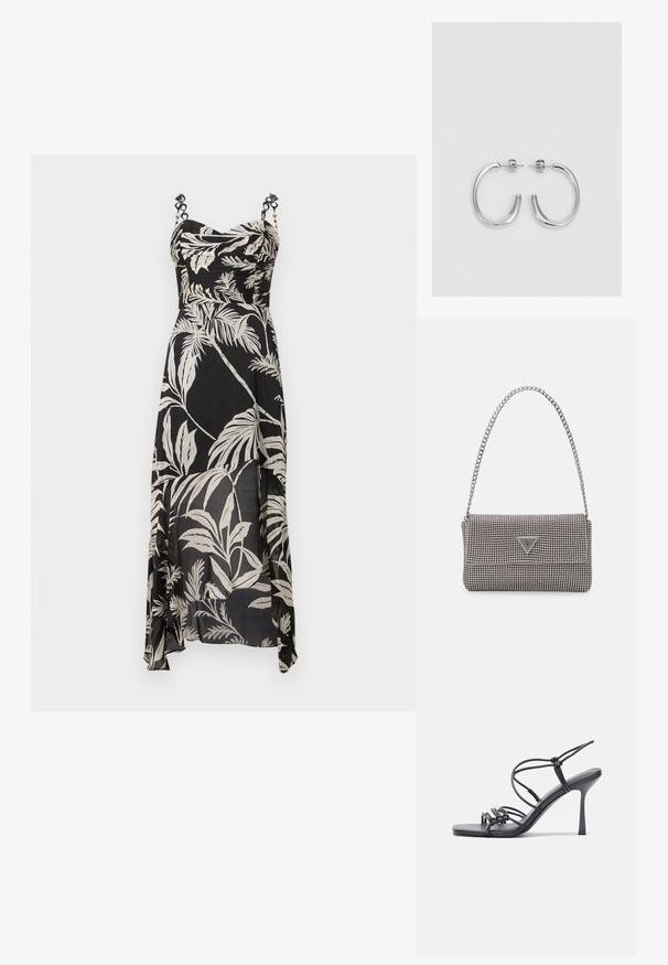 Svart maxiklänning med vitt palmbladsmönster, rynkad byst och justerbara axelband med dekorativ hårdvara. Lätt, flödande tyg.; Svarta högklackade sandaler har tunna remmar med en knuten design, en slät fyrkantig tå och en smal stilettklack.; Ljusgrå metallisk handväska med kedjestropp, prydd med små cirkulära metallnitar och en triangulär logotyp.; Silverfärgade hängande örhängen med en slät, blänkande yta. Rundad form, lätt design, med ett stift- och bakstängning.