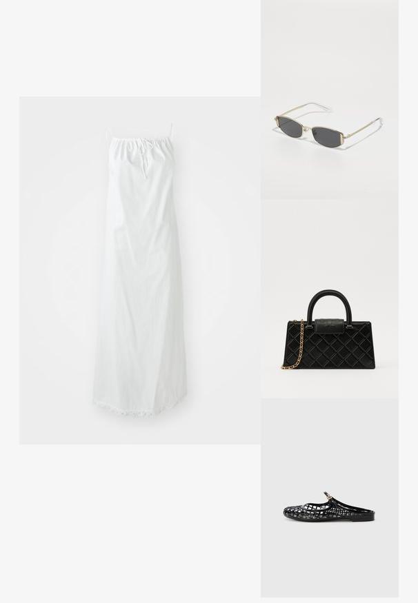 Hvid bomulds maxi kjole med justerbare spaghetti stropper, rynket halsudskæring og bølget kantdetalje. Glat tekstur og svævende design.; Tory Burch MELLOW MARY JANE - Slip-on sandaler - perfect black/gold; Guld metal solbriller med oval form, mørkegrå linser og klare stænger. Har dekorative accenter på ramen.; Sorte håndtaske lavet af tekstureret læder, med et diamantmønster, guldfarvet kædetræk, og et topgreb med en logo-præget klaplås.