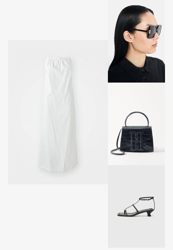 Bílá bavlněná maxi šaty s nastavitelými ramínky, nařaseným výstřihem a detailním lemem na spodním okraji. Hladká textura a splývavý design.; Černá kožená sandál s čtveratou špičkou, tenkými popruhy, nastavitelným kotníkovým popruhem a nízkým podpatkem. Obsahuje malý zlatý akcent na popruhu.; Tory Burch Sluneční brýle - black/dark grey; Černá kabelka z krokodýlí kůže s embosovaným vzorem, strukturovaným designem, horním uchycením, nastavitelným popruhem a výrazným logem na přední straně.