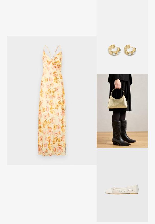 Malina CORNELIA DRESS - Maksimekko - lemon/peony; Pointe suora in pelle crema con tomaia trasparente decorata da strass sparsi. Suola morbida per comfort, design minimalista.; Kultainen teksturoitu käsilaukku, jossa on kaareva muoto ja lyhyt kahva, jota pitää henkilö, joka käyttää mustaa laskostettua hametta ja mustia nahkasaappaita.; Kultaiset ympyräkorvakorut, joissa on tekstiurakuviointi ja kolme kirkasta kristallikoristetta yhdellä puolella, tarjoavat modernin geometrisen estetiikan.