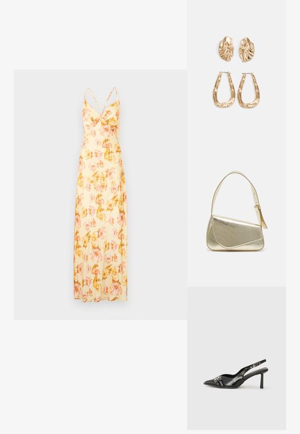 Malina CORNELIA DRESS - Rochie maxi - lemon/peony; Pantofii slingback din piele lăcuită neagră, cu vârf ascuțit, bretele pentru gleznă cu catarame și accesorii din argint, și un toc subțire.; Geantă de umăr metalică aurie cu un design structurat, textură netedă și curea reglabilă. Prezintă o formă triangulară unică și cusături minimaliste.; Cercei aurii cu forme texturate și ondulate. Include studs sculpturale cu clip și un design de cerc deschis cu un finisaj cioplit.