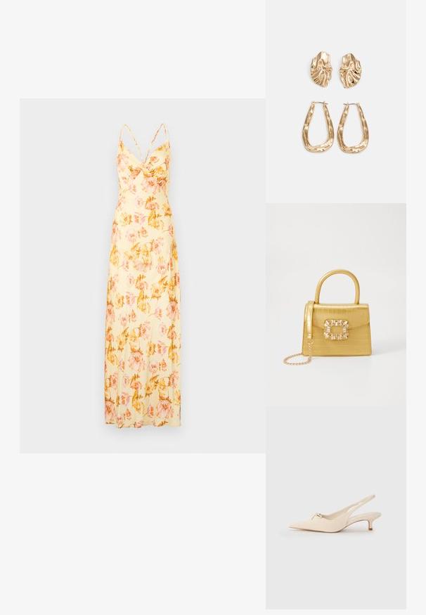 Malina CORNELIA DRESS - Maksi suknelė - lemon/peony; Punktiniai slingback bateliai iš off-white odos, turintys mažą kaspiną ir žemą kulniuką. Sklandi tekstūra, minimalistinis dizainas.; Geltonas dirbtinės krokodilo odos rankinukas su standžiu dizainu, viršutine rankena, nuimamu grandininiu dirželiu ir dekoratyviniu krištolo papuošimu ant užsegimo.; Auksinės auskarai, turintys tekstūruotus, bangų formos elementus. Įeina skulptūriniai segami auskarai ir atviri lankai su išmuštu paviršiumi.