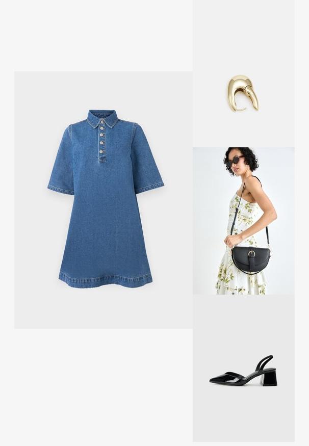 Denim kleit pehme kraega, lühikeste varrukatega ja viie metallist nupuga ees. Sinine kangas, millel on sile tekstuur ja kerge kulumine.; Mustad musta lakknahk kingad, millel on terav varvas ja geomeetriline plokkkonts. Omab elegantselt minimalistlikku disaini ja sujuvat tekstuuri.; Mustmust mustraha kõverate joontega, eemaldatava rihmaga ja kuldsete detailidega. Kotil on klapp, millel on pandladetail.; Kuldtooni metallist kõrvarõngas, millel on elegantne ja kaarjas disain. Omab silmapaistvat teravat kuju, poleeritud pinda ja hingesulgemist.