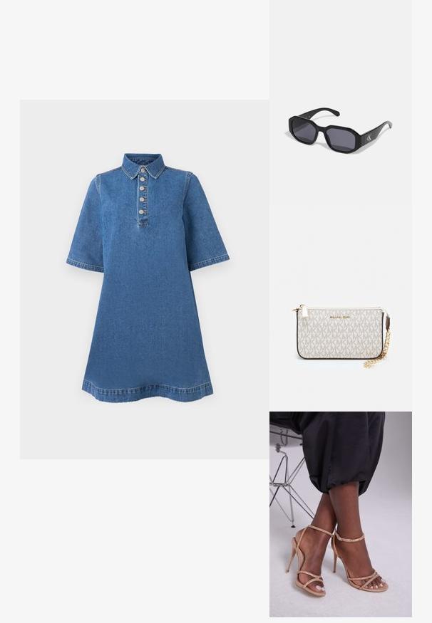 Denimkjole med krage, korte ermer og fem metallknapper foran. Blått stoff med en glatt tekstur og lett falming.; Beige hæl sandaler med krystalmotiver, med åben tå, tynde remme og en slank silhuet.; Svarte solbriller med åttekantet ramme, mørke linser, glatt plastmateriale og en sølvfarget logoakcent på den ene siden.; Michael Kors håndleddsveske i beige belagt kanvas med et gjentakende MK-logo mønster, gullfarget maskinvare og en avtakbar kjede-rem.; Gullmetalliske øredobber med bølgete design; glatt, reflekterende overflate; asymmetrisk form; ingen synlige mønstre eller hardware.