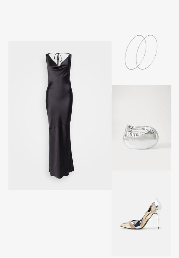 Črna satenska večerna obleka s poudarjenim dekoltejem, nastavljivimi vezalkami in prilegajočim se krojem, ki prehaja v razširjen rob.; Čevlji z visoko peto in konico, v barvni kombinaciji srebrne, zlate in nude. Sijajna obdelava z izrezljanim dizajnom, z igličasto peto.; Srebrna kovinska torbica z mehko, zaobljeno obliko in zavezano zgornjo zaporo. Narejena iz gladkega umetnega usnja.; Srebrne uhane v obliki obroča z minimalističnim dizajnom. Krožna oblika, gladka tekstura in tanek profil. Lahki s poliranim zaključkom.