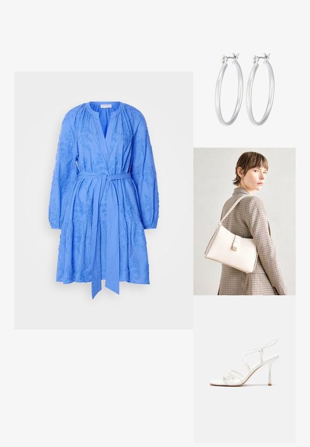 Sininen, polven pituinen puuvillamekko, jossa on pitkät hihat, V-pääntie, vyö vyötäröllä ja brodeerattuja kukkakuoseja ympäriinsä.; Valkoinen remmillä varustettu korkokenkä, jossa tasapohja, teksturoitu etuosa koukkuineen ja kapea nilkkaremmi.; Valkoinen nahkainen käsilaukku, jossa on jämäkkä muotoilu, magneettinen suljin ja olkahihna, esillä neutraalilla taustalla.; Hope-silver rengas, joissa on sileä ja kiillotettu pinta. Pyöreä muoto ja turvallinen napsautettava lukitus. Kevyt muotoilu sopii päivittäiseen käyttöön.