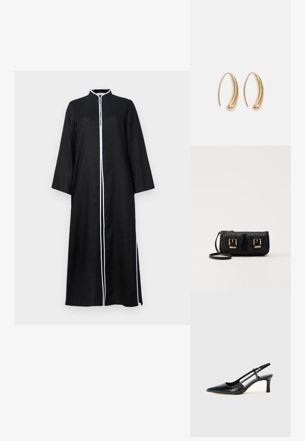 Črna dolga obleka z dolgimi rokavi in visokim ovratnikom, ki ima beli obrobo ob sprednji strani in stranske razpoke, izdelana iz lahkega materiala.; Črne lakaste slingback pete s koničastim nosom, ki imajo teksturiran vzorec kačje kože, nastavljiv trak in kratek teksturiran blok peto.; Črna usnjena torbica čez ramo z dvema sprednjima žepoma, zlatimi zaponkami, zadrgo in ozkim pasom. Tekstura površine je strukturirana, obliko pa ima kompaktno pravokotno.; Zlato-tonirani kovinski uhani v obliki obroča s krivuljo in podolgovato obliko. Imajo gladko, sijočo površino in zaobljen vrh za dodaten detajl.