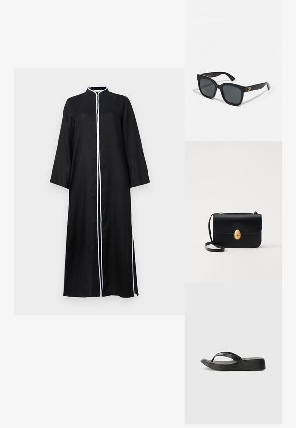 Czarna sukienka z długim rękawem i wysokim kołnierzem, z białymi lamówkami z przodu oraz bocznymi rozcięciami, wykonana z lekkiego materiału.; Czarne klapki z gumowymi paskami i teksturowaną wkładką. Posiadają lekko podwyższoną platformę oraz formowany kształt dla komfortu. Wytłoczone logo marki.; Czarne okulary przeciwsłoneczne z prostokątnymi soczewkami, o błyszczącej powierzchni i złotymi akcentami logo na zausznikach. Ciemnoszare soczewki zapewniają ochronę UV.; Czarna skórzana torba na ramię o strukturalnym prostokątnym kształcie. Posiada złoty owalny zamek i cienki pasek na ramię. Gładka faktura.