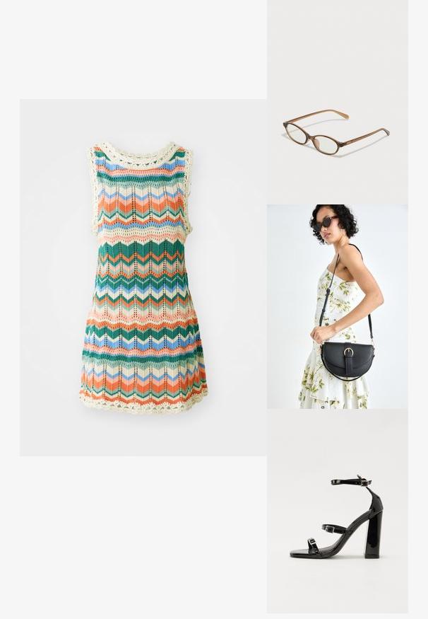 Vestido de malha sem mangas em padrão zigzag multicolorido com tons de verde, azul, laranja e creme; apresenta um acabamento de rendinha na gola.; Sandálias de tacão preto laqueadas com bico quadrado, tiras para o tornozelo e fivelas prateadas. Apresentam um salto bloco chunky para estabilidade.; Óculos tortoiseshell castanhos com lentes ovais, hastes finas e acabamentos transparentes. Apresenta um logótipo subtil na têmpora. Design elegante e leve.; Bolsa de couro preta com forma curva, alça destacável e detalhes em dourado. A bolsa possui uma aba com detalhe de fivela.