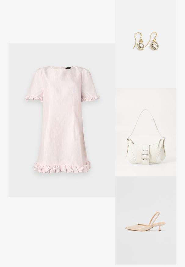 Short pink dress with a textured fabric, short puff sleeves, and ruffled hem. Simple round neckline with a hidden zipper at the back.; Beige patent leather slingback heels with pointed toe and a slim, square heel. Smooth texture and minimalist design with no embellishments.; White shoulder bag with a textured finish, a central buckle accent, and a curved shape. Zipper closures on both sides.; Gold-tone earrings with oval-shaped clear crystals surrounded by smaller clear stones, featuring a hook design for secure wear.