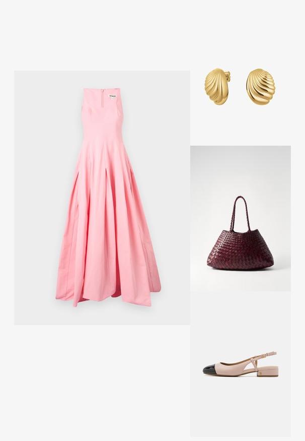 STAUD Festklänning - pearl pink; Slingback-sko med övre i blekrosa läder och glänsande svart kappå. Har en liten klack och en justerbar ankelrem.; DRAGON DIFFUSION SANTA CROCE BIG - Handväska - bordo; Guldtonade snäckformade örhängen med ribbad yta och polerad finish. Stud-stil med säker stoppning.