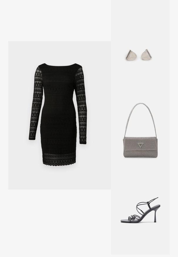 Črna čipkasta obleka z dolgimi rokavi, čolnastim izrezom in oprijetim krojem s skorjastim robom in cvetličnimi vzorci.; Črne visoke sandale na peto imajo tanke naramnice z vozlom, gladek kvadratni toe in eleganten stiletto peto.; Svetlo siva kovinska torbica z verižnim ročajem, okrašena z majhnimi okroglimi kovinskimi bleščicami in trikotnim logotipom blagovne znamke.; Srebrne uhane z gladko, kapljično obliko in poliranim finishem. Nežna graviranja dodajajo detajle. Minimalističen dizajn.
