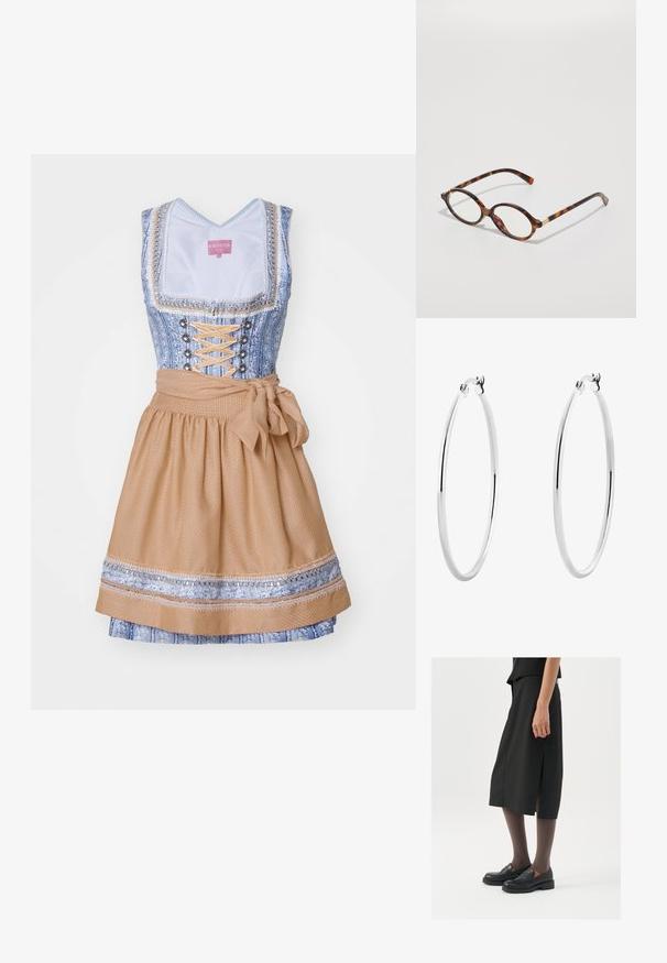 Traditionelles Dirndl mit einem blauen gemusterten Mieder, Schnürung an der Vorderseite und einem weit ausgestellten beigen Rock, der eine Schleife an der Taille und dekorative Verzierungen aufweist.; Schwarzer knielanger Rock mit seitlichem Schlitz, kombiniert mit schwarzen Loafers und transparenten braunen Strumpfhosen, aus glattem Stoff und mit einem schlichten Design.; Schildpatt-Brillengestell mit ovalen Fassungen, klaren Gläsern und goldenen Akzenten. Verfügt über geschwungene Bügel und eine glatte, glänzende Oberfläche.; Silberne Creolen mit einer glatten, polierten Oberfläche und einer dünnen, runden Form. Das Design verfügt über einen sicheren Verschluss.