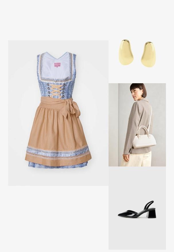 Dirndl traditionnel avec un corsage à motifs bleus, un devant à lacets et une jupe beige évasée ornée d'un nœud à la taille et de garnitures décoratives.; Escarpins en cuir verni noir avec bout pointu et talon bloc géométrique. Présente un design élégant et minimaliste ainsi qu'une texture lisse.; Sac à main structuré blanc avec de courtes poignées et une bandoulière, doté de accents en métal doré et d'un matériau texturé, présenté sur un fond gris.; Boucles d'oreilles clous en or doré lisse et asymétrique, avec des formes arrondies irrégulières sur fond blanc.