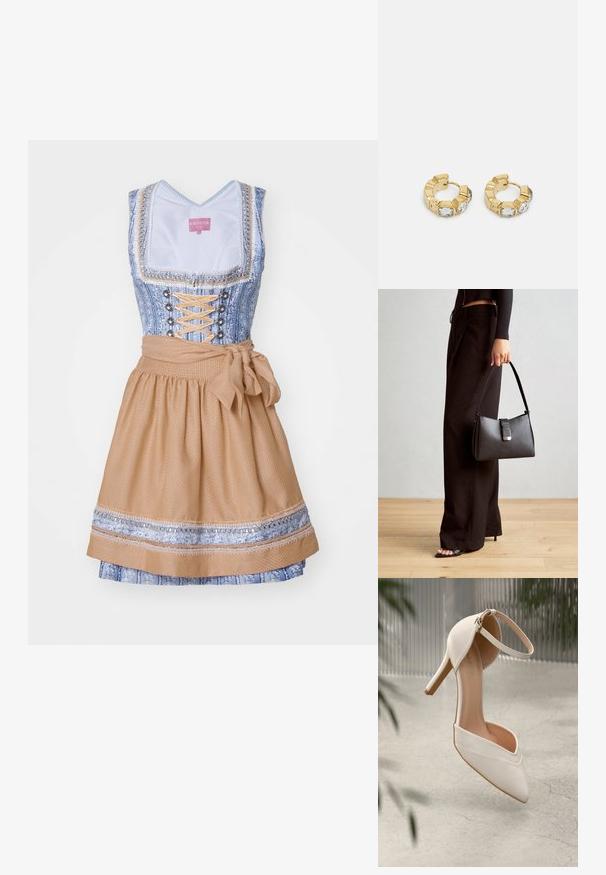 Dirndl tradicional con un corpiño de patrón azul, frente con cordones y una falda beige acampanada que presenta un lazo en la cintura y adornos decorativos.; Zapato blanco de tacón alto en material suave con punta afilada y correa en el tobillo. Presenta un interior de color beige claro y acentos en tono dorado.; Bolso negro con forma estructurada, textura suave y un cierre metálico. Combinado con pantalones anchos negros y sandalias de dedo en un suelo de madera.; Pendientes de aro de oro con un diseño texturizado y tres acentos de cristal transparente en un lado, que ofrecen una estética geométrica moderna.