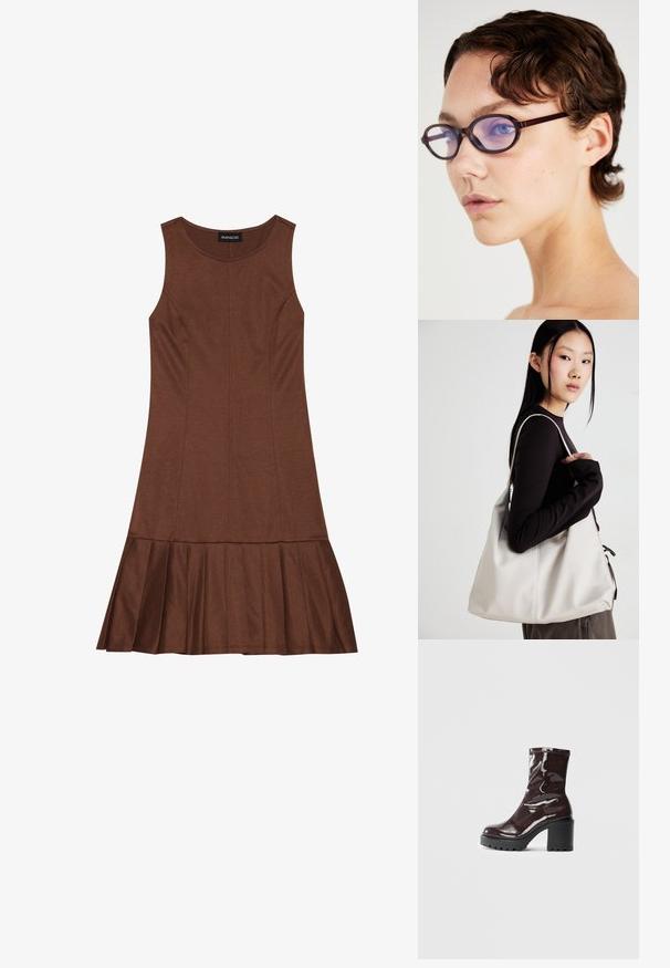 Hnedé bezrukávové šaty s priliehavým vrchom a rozšíreným skladaným spodkom, vyrobené z hladkého materiálu s viditeľnými švami.; Lesklé burgundské kotníkové boty s robustním černým podpatkem, s hladkou strukturou a jednoduchým designem. Bez viditelných zapínání nebo vzorů.; Hnedé okuliare s oválnym rámom a priehľadnými fialovými šošovkami; elegantný dizajn a hladká textúra. Nosí ich osoba s krátkymi vlnitými vlasmi.; Béžová kabelka vyrobená z mäkkého materiálu, s uvoľneným dizajnom, prišitými detailmi a dvoma popruhmi na nosenie na pleciach. Vhodná na každodenné nosenie.